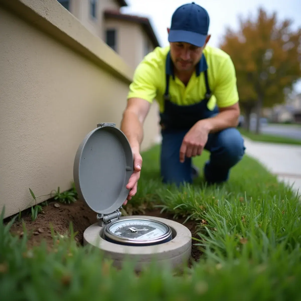 Homeowner checking a spinning curbside water meter after an unexplained high water bill