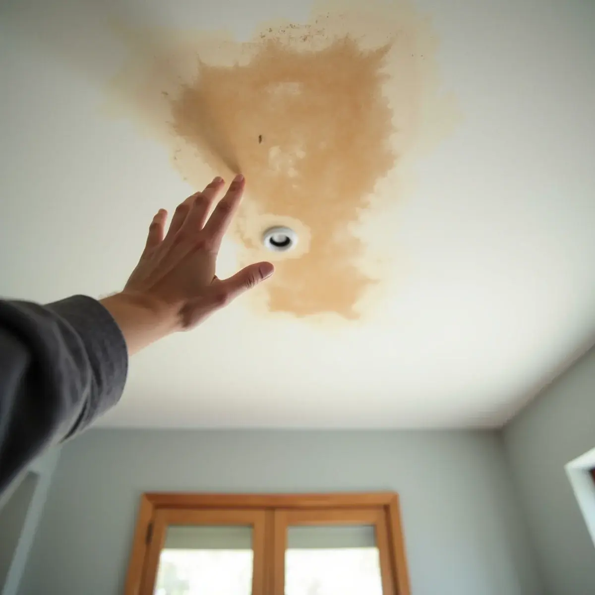 Brown ring stain on a living room ceiling revealing a hidden leak above the drywall