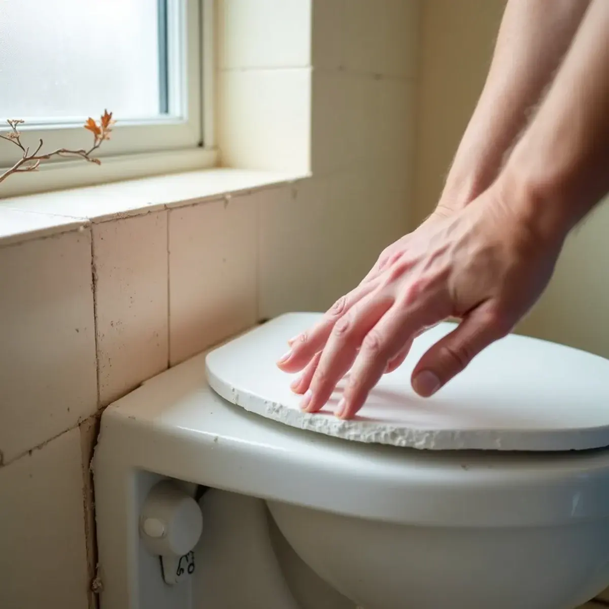 Fingertips pressing into soft bulging drywall behind a toilet, a sign of hidden water damage