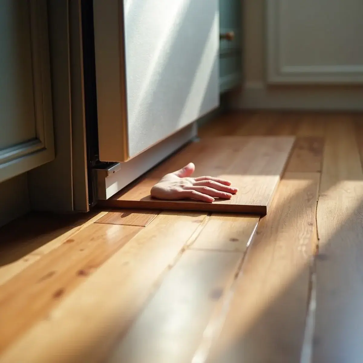 Cupped wood flooring lifting near a dishwasher from a slow hidden kitchen leak