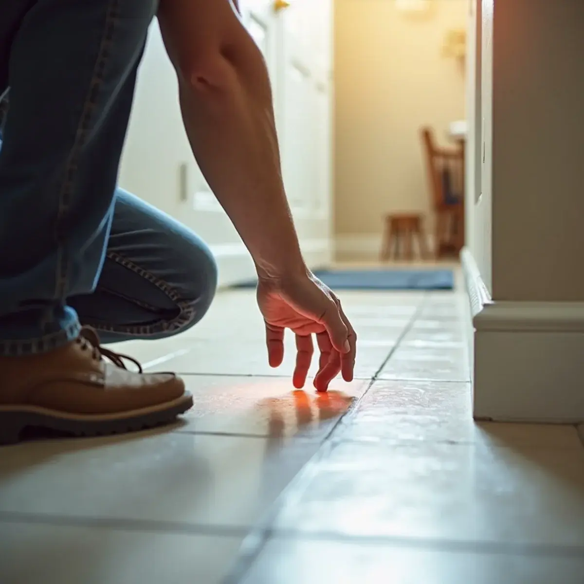 Homeowner feeling a warm spot on tile flooring that suggests a hot water slab leak