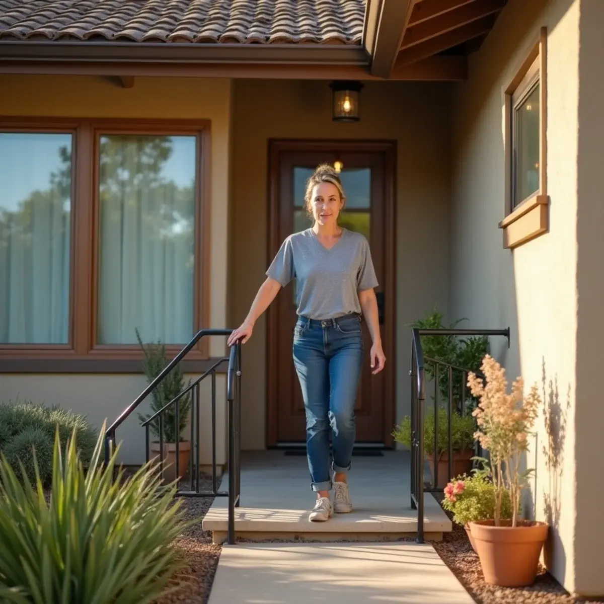 Resident stepping onto a stucco front porch for fresh air on a marine-layer Cypress morning