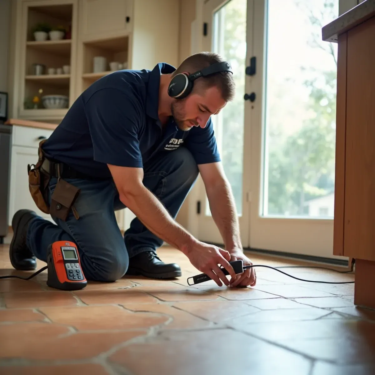 Technician using acoustic leak detection on tile floor to find a slab leak in Orange County