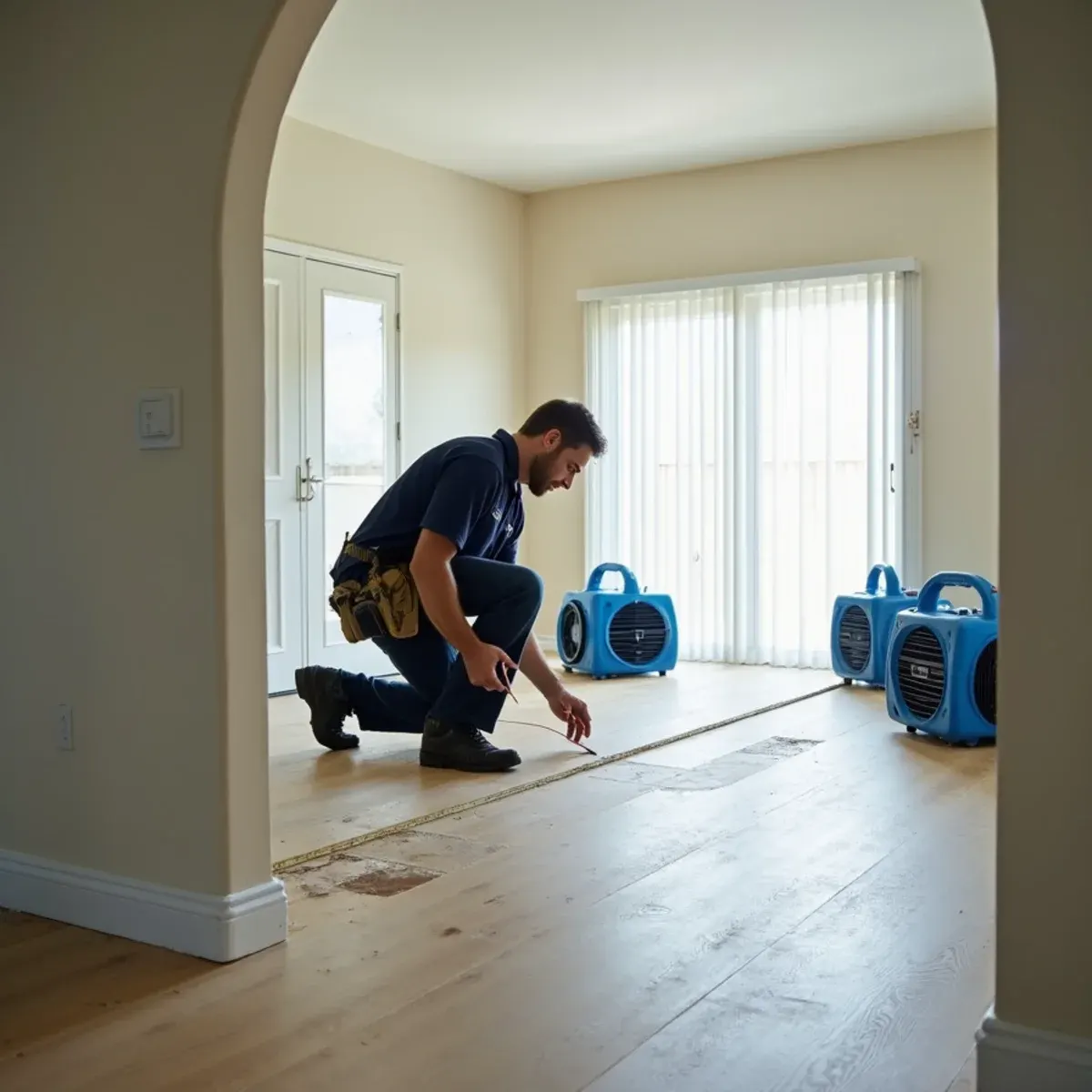 Restoration estimator measuring a water damaged living room for a cost scope in Orange County