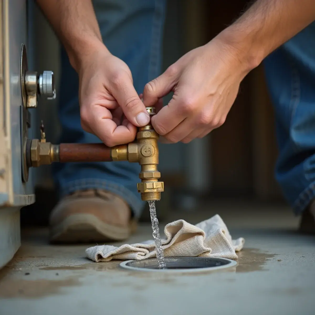 Homeowner closing the cold water shutoff valve above a leaking garage water heater