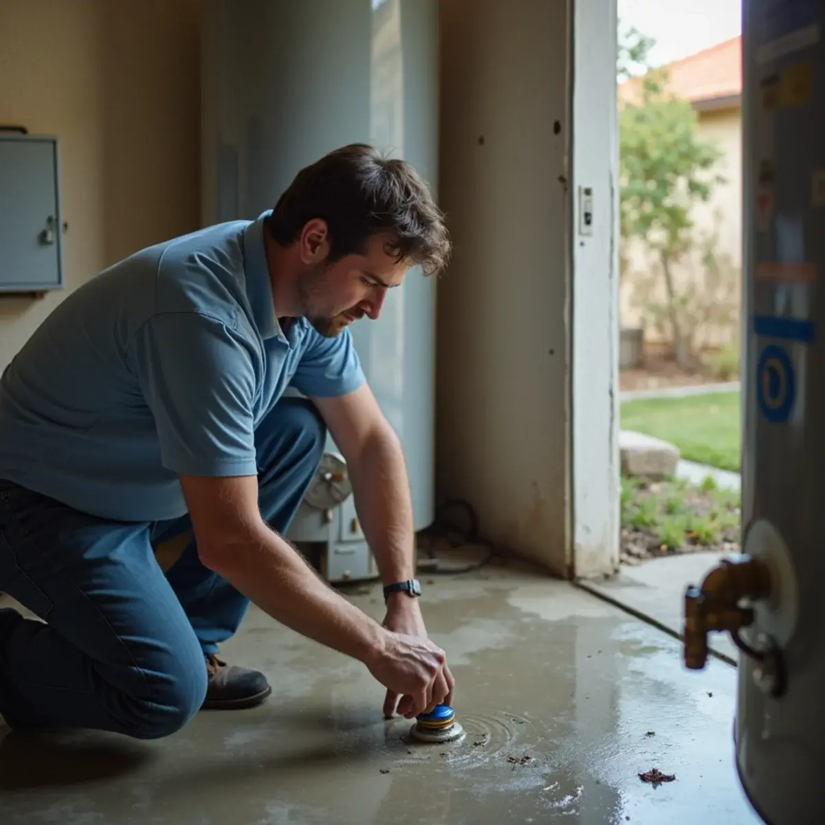 Homeowner shutting off the gas control valve at a leaking water heater in a Cypress garage
