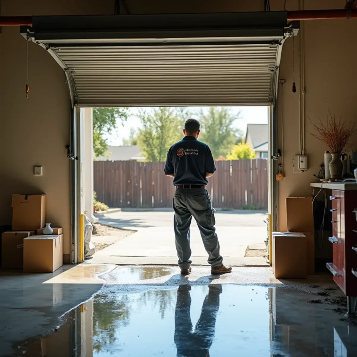 Homeowner staying back from standing water while assessing a flooded garage after a heater leak