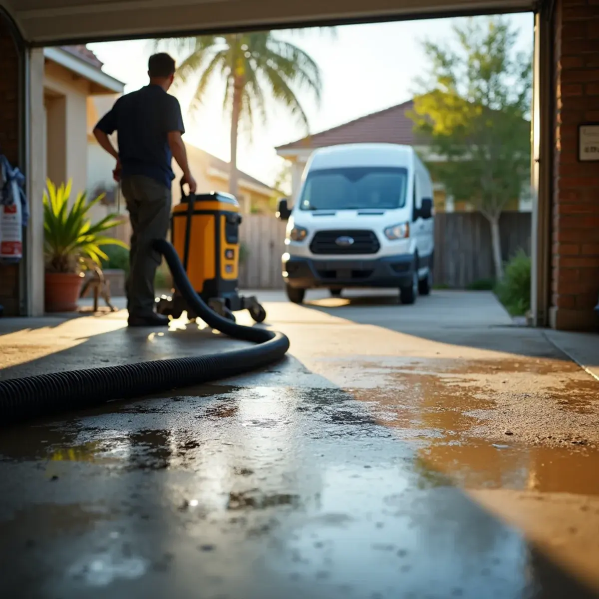 Technician extracting standing water from a Cypress garage floor after a water heater failure