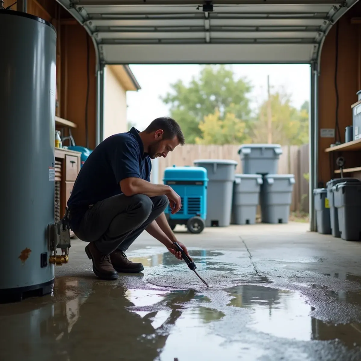 Restoration technician inspecting a leaking water heater flooding a garage slab in Cypress, California