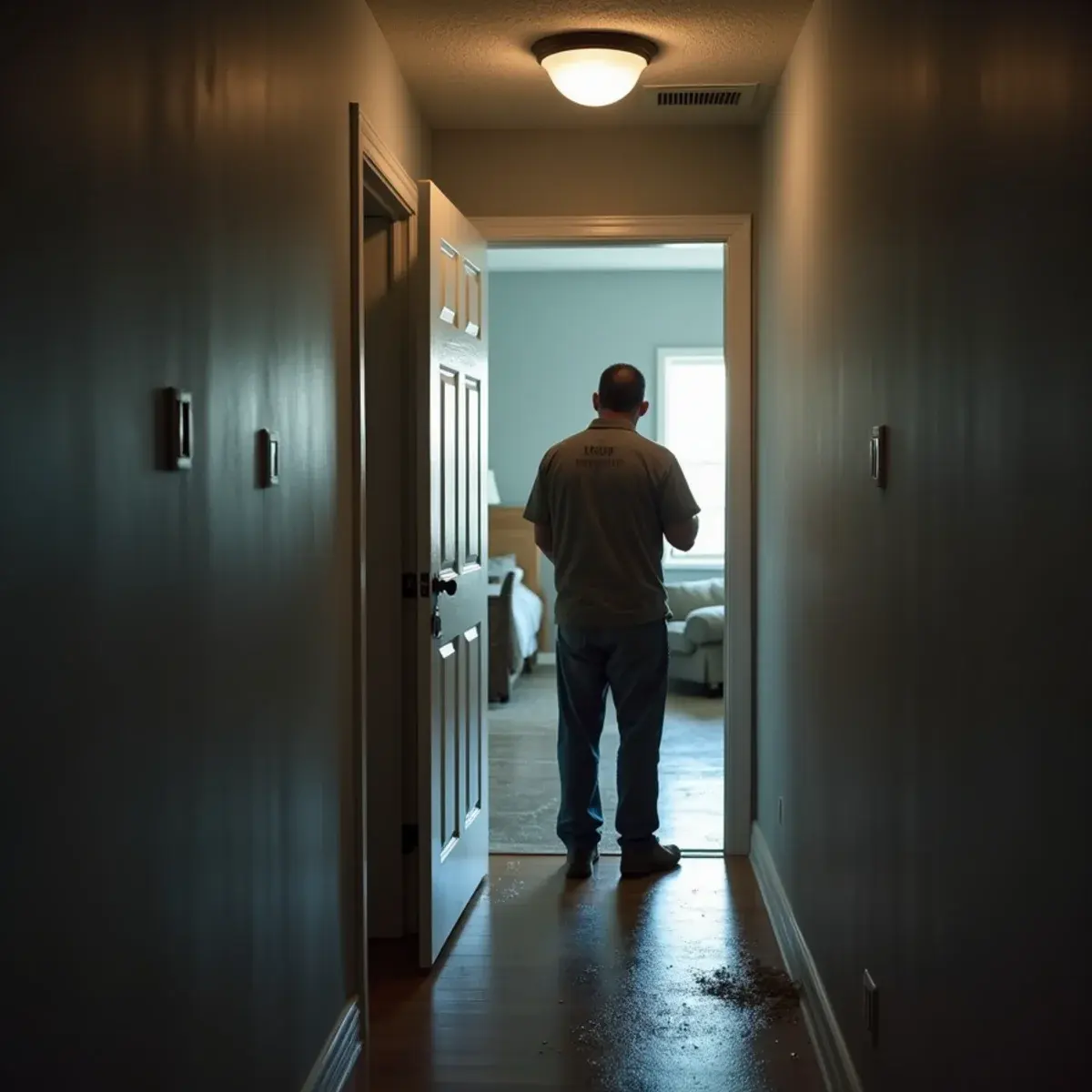 Homeowner checking a sagging wet ceiling with a flashlight before entering a flooded room