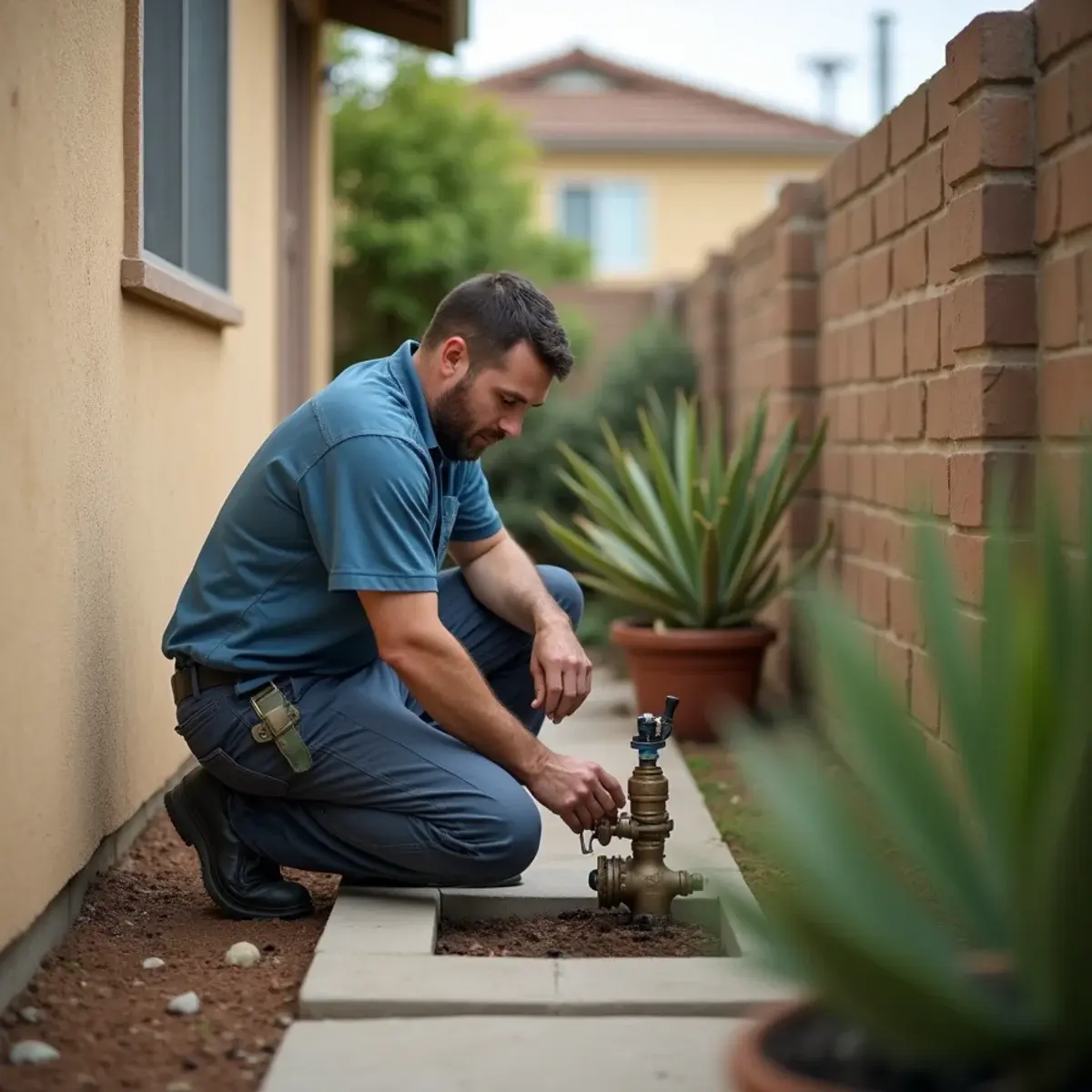 Homeowner shutting off the main water valve in the side yard of an Orange County home