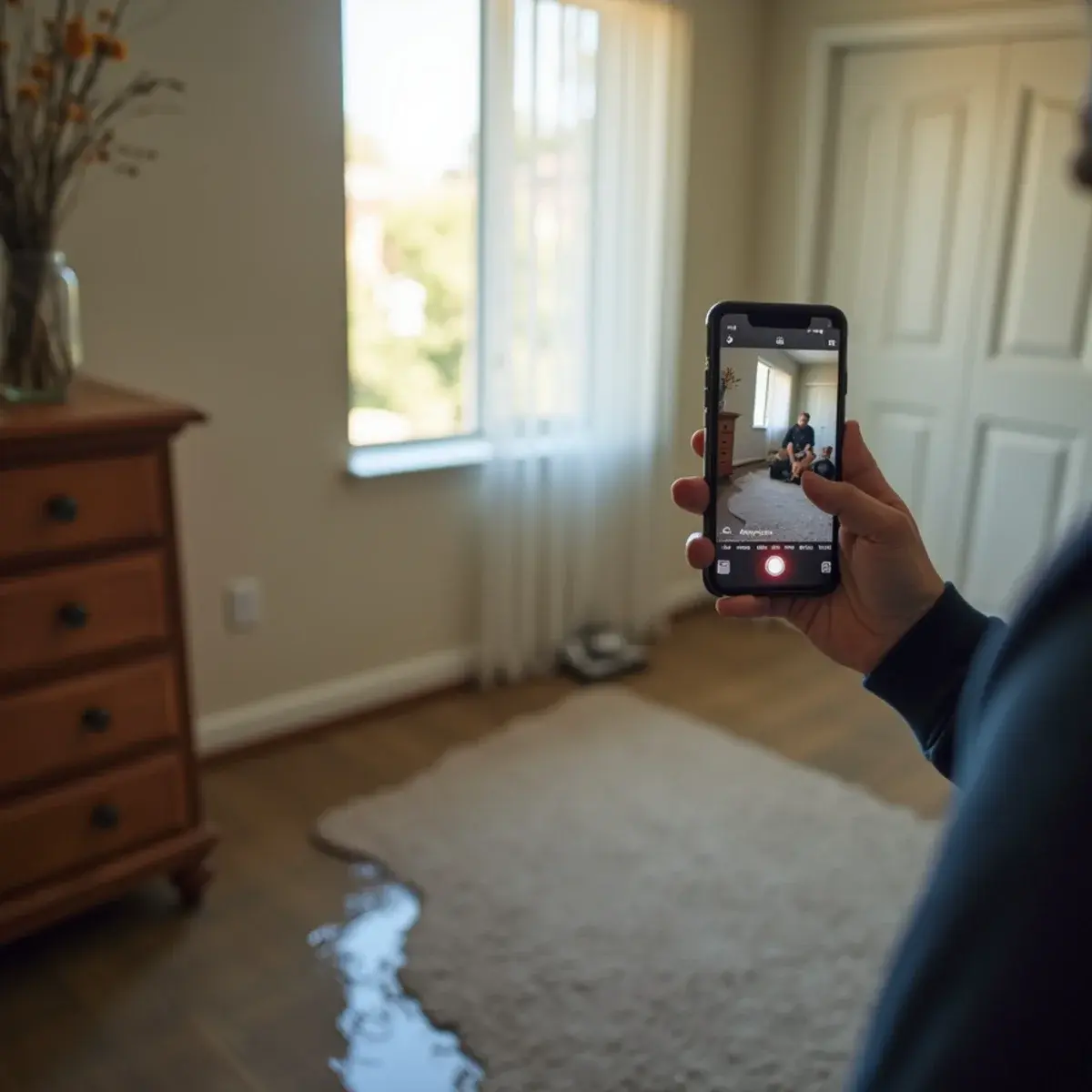 Homeowner photographing soaked carpet and baseboards before moving anything after a water loss