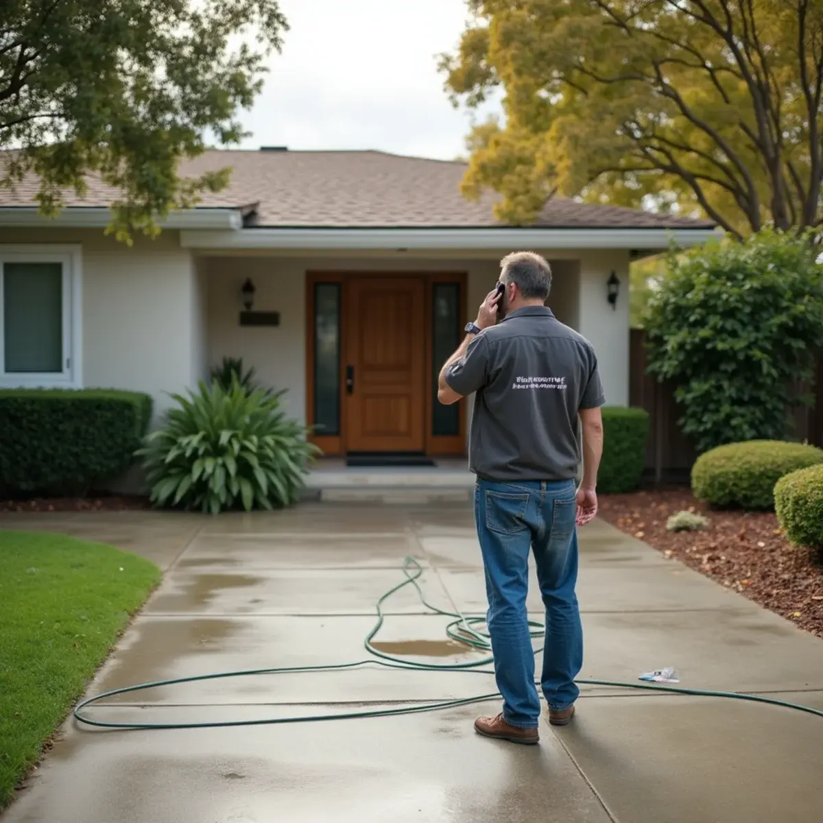 Homeowner calling a water damage restoration company from the driveway of a Cypress home