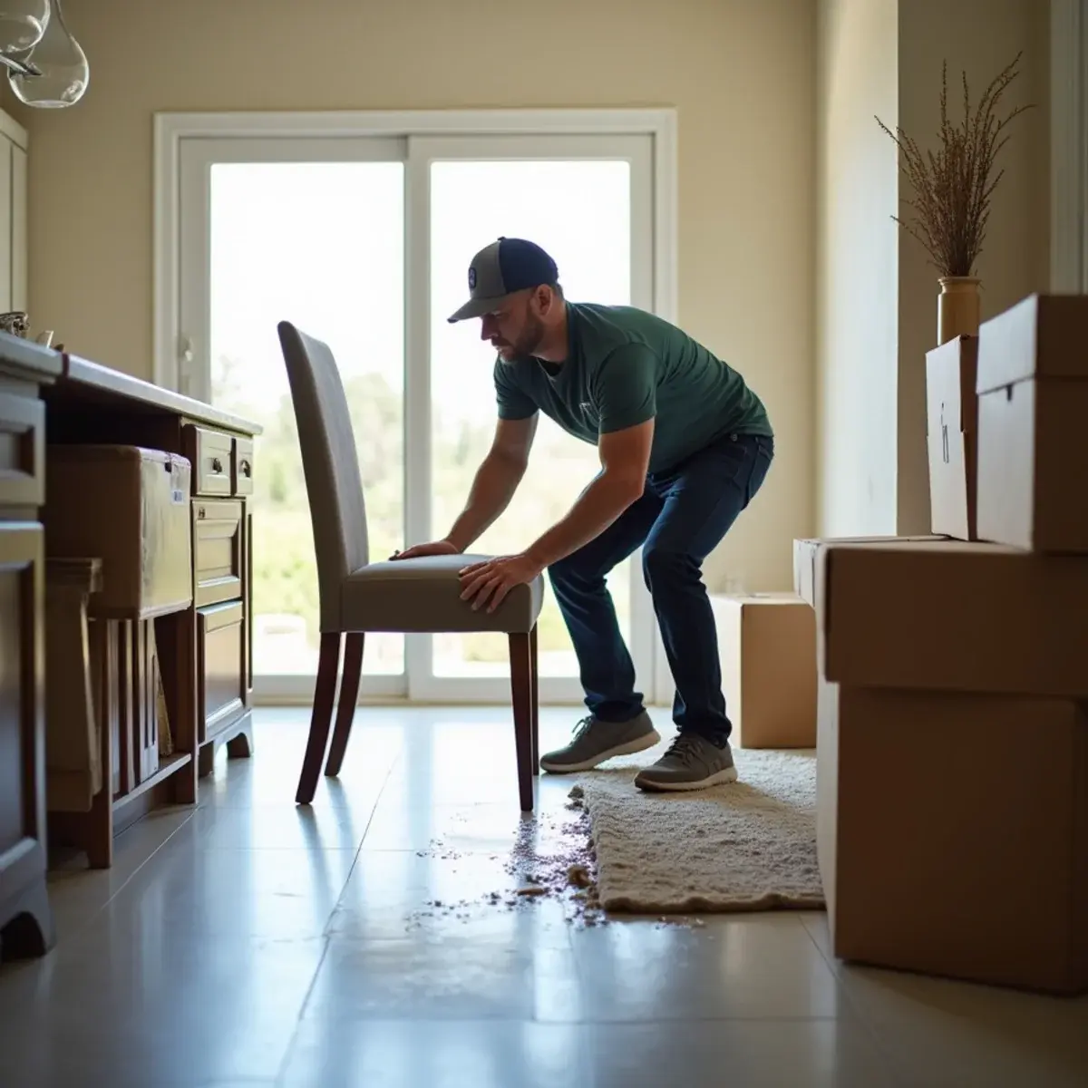 Homeowner lifting furniture off a wet tile floor to protect belongings after indoor flooding