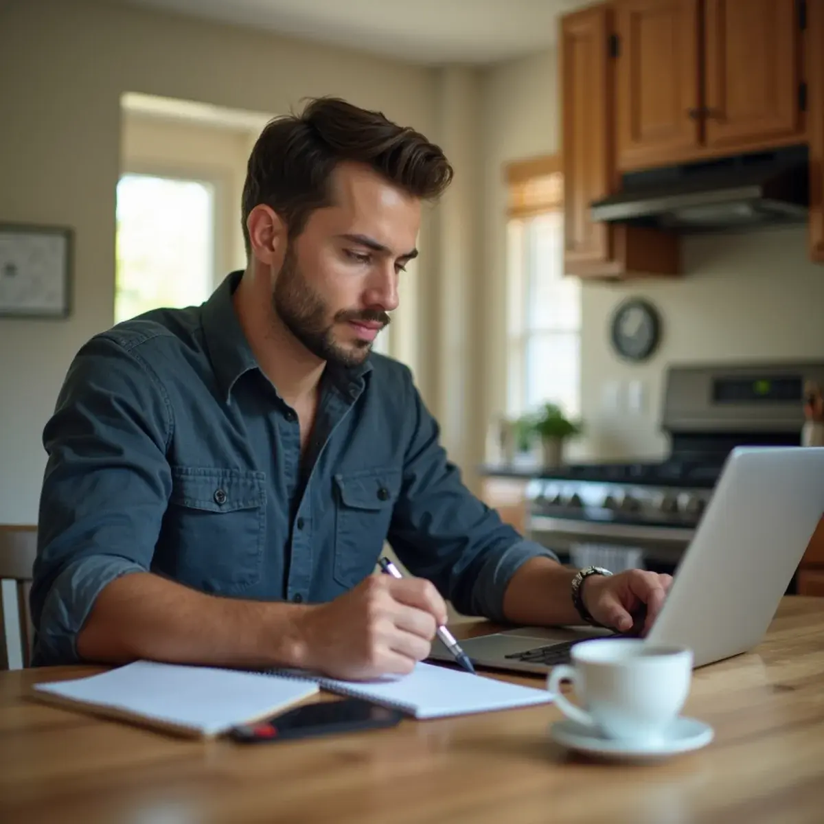 Homeowner organizing insurance claim notes at a kitchen table after water damage in Cypress