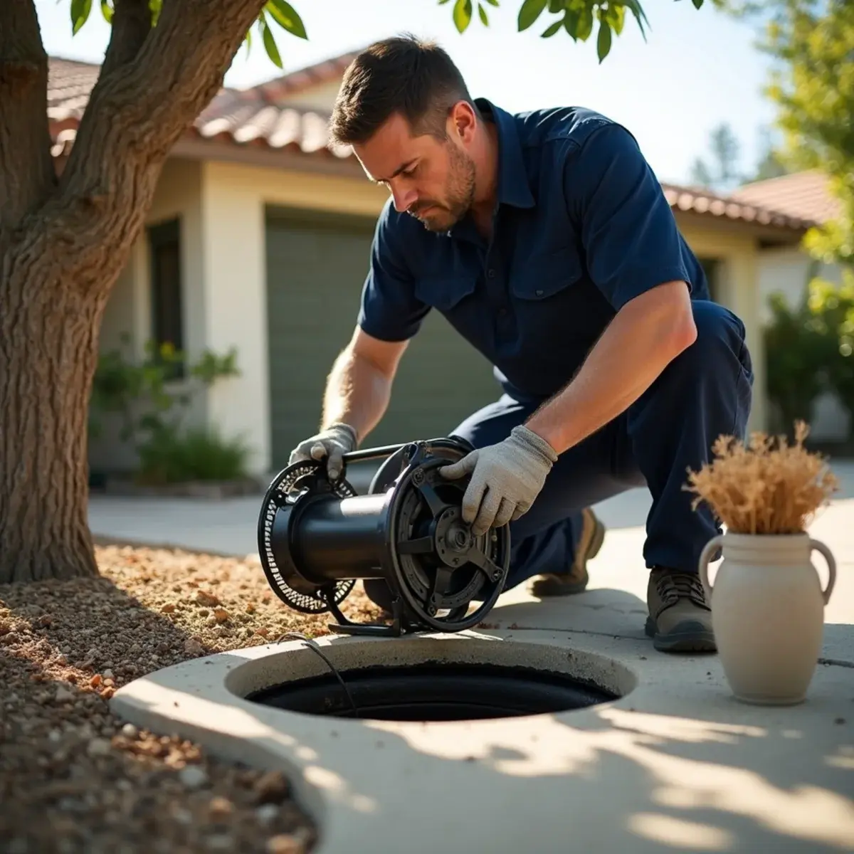 Sewer camera inspection at a front yard cleanout near tree roots in Cypress
