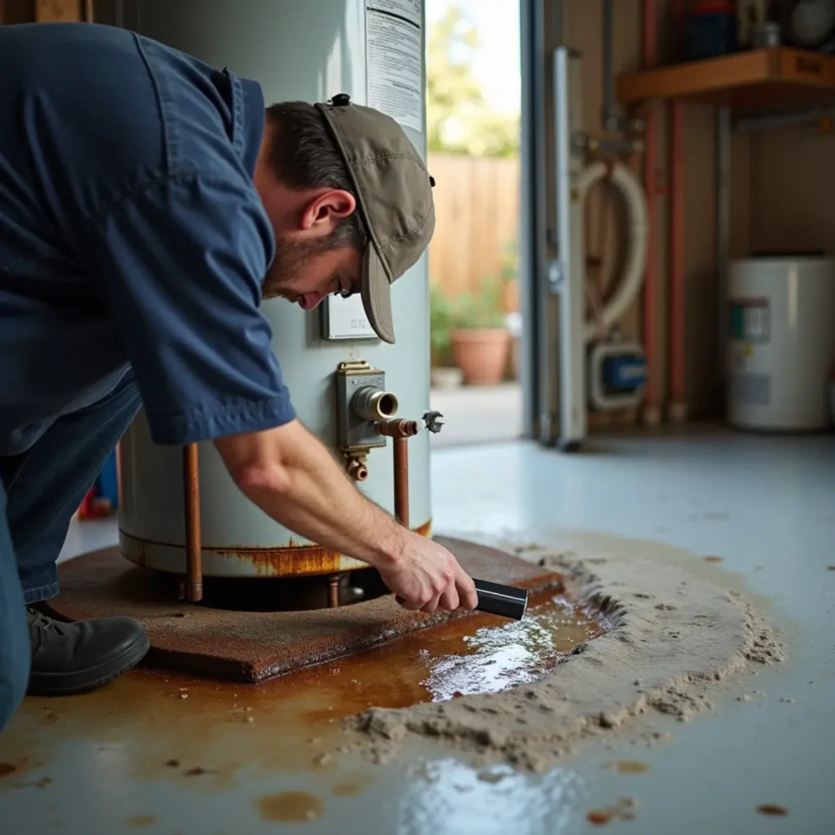 Technician inspecting a rusting water heater in a Cypress attached garage