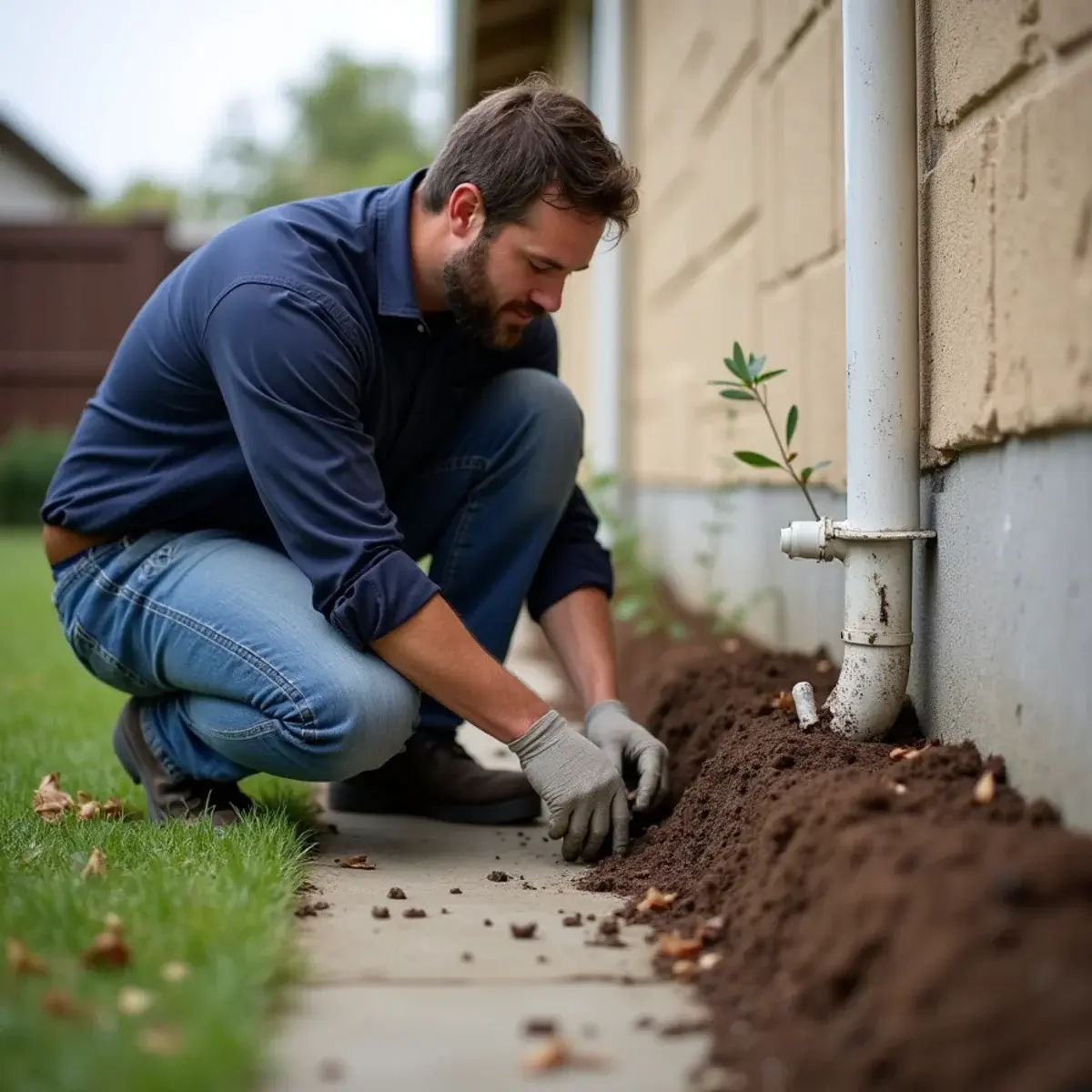 Technician checking downspout drainage and grading against the foundation of a Cypress home