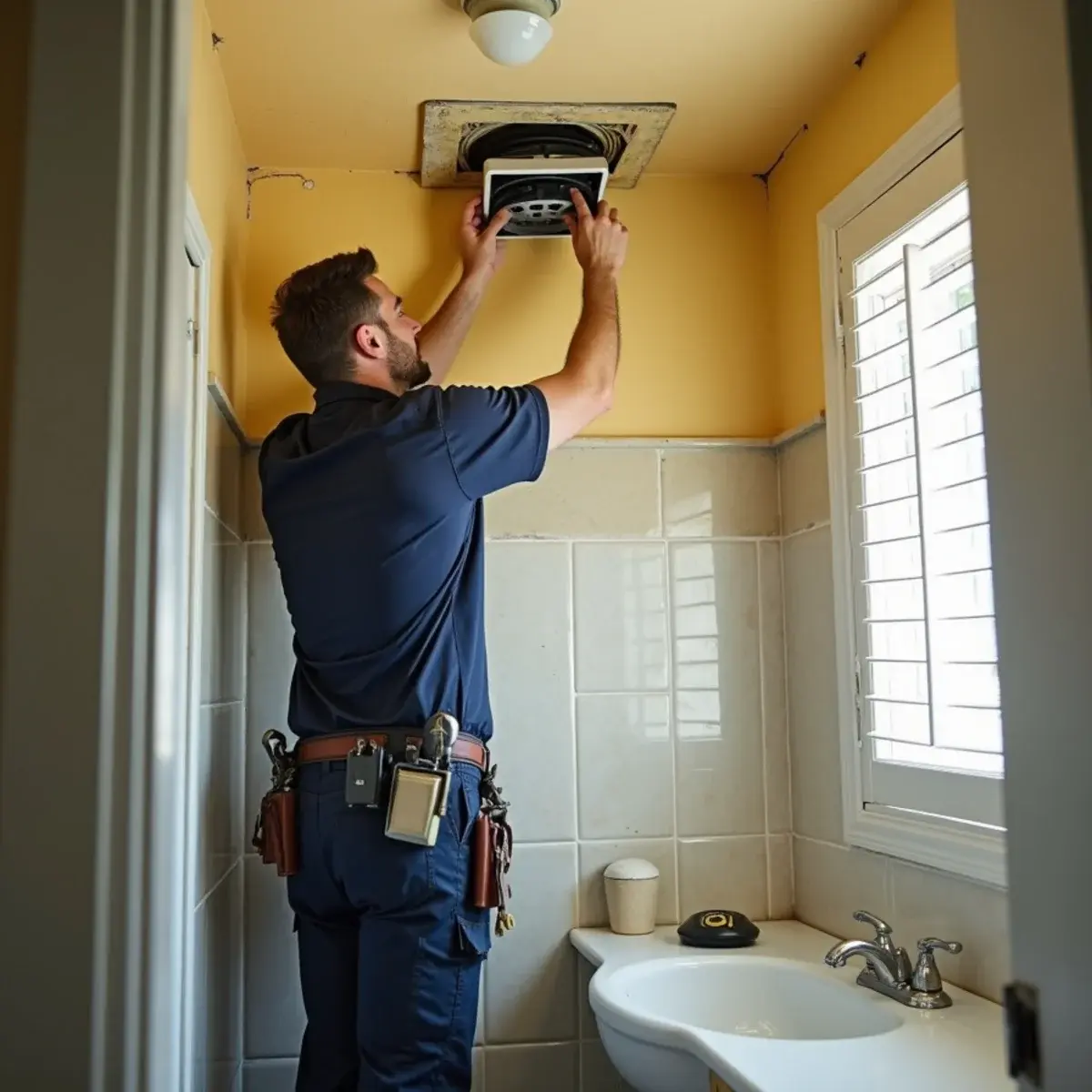 Technician replacing an original bathroom exhaust fan causing chronic humidity in a Cypress home