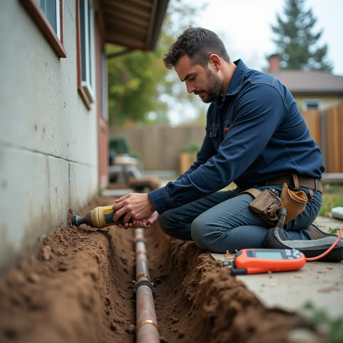 Technician inspecting an open slab trench during water damage restoration in an older Cypress home