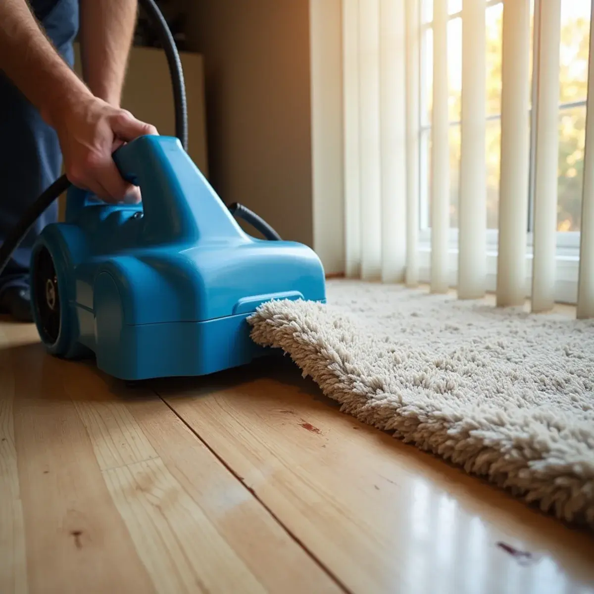 Air mover floating carpet off the slab during water damage drying in north Orange County