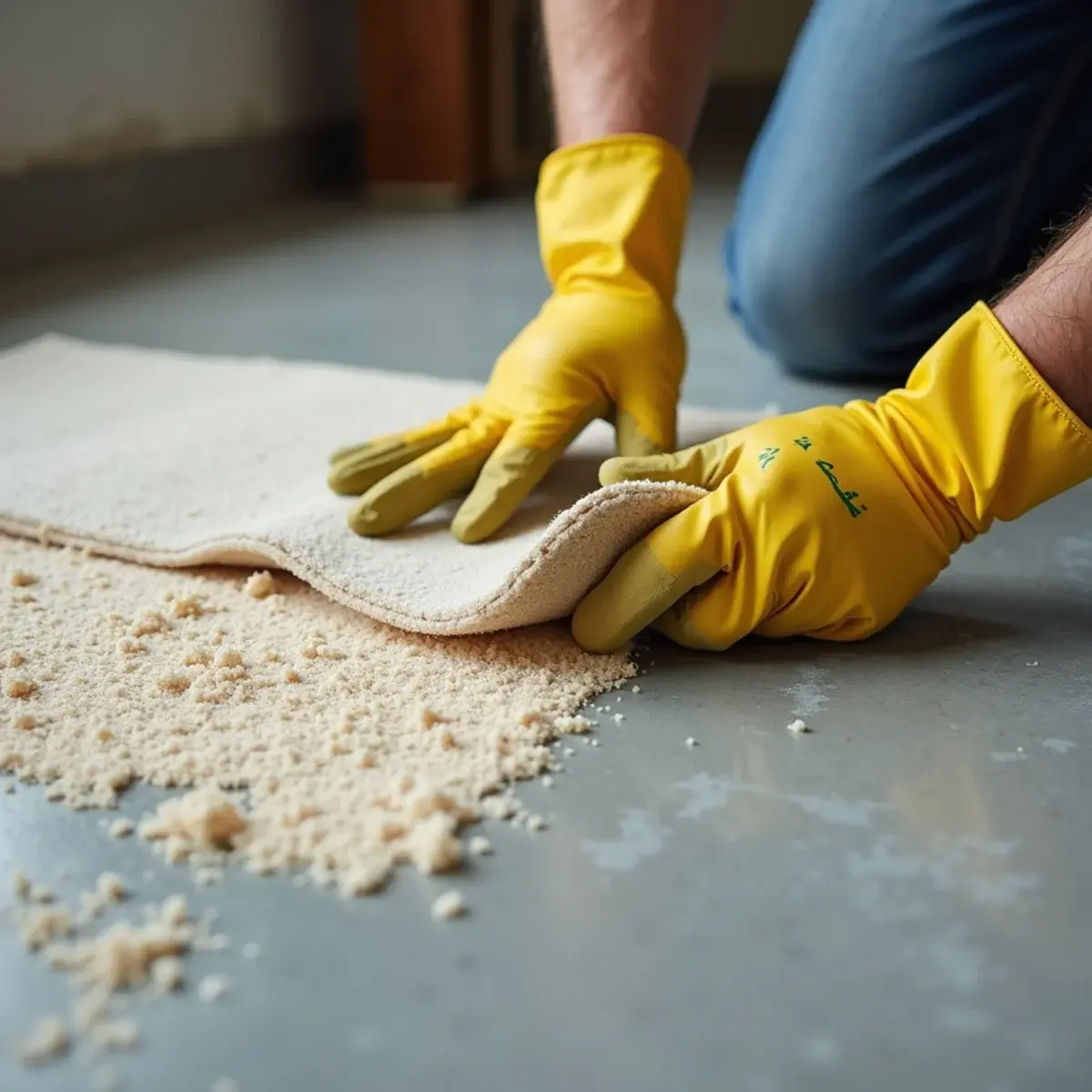 Saturated carpet pad peeled back from a concrete slab during carpet water damage restoration