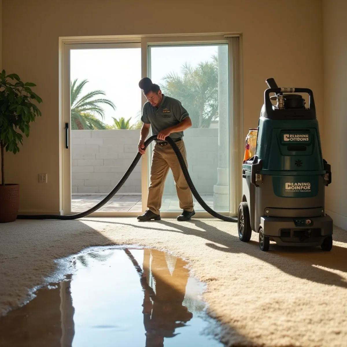 Weighted extraction removing water from soaked living room carpet during drying service in Cypress