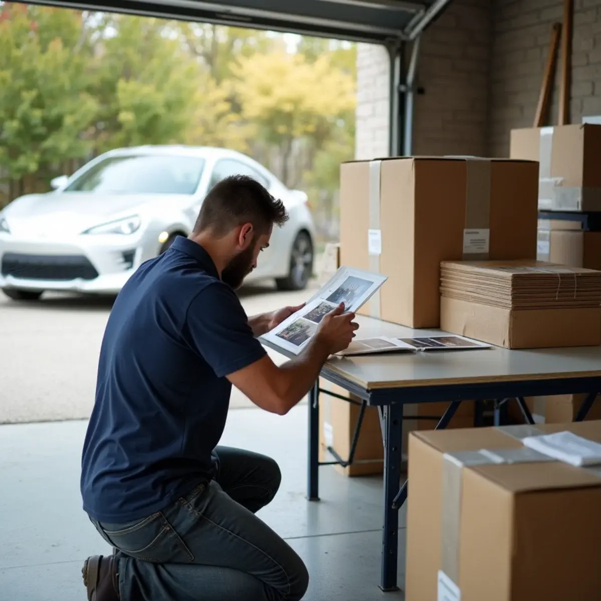 Technician inventorying and boxing household contents during a pack-out in Cypress, California