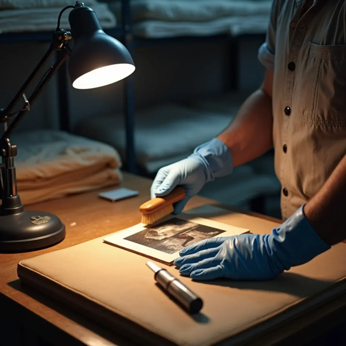 Close-up of a water-damaged family photograph being cleaned during contents restoration