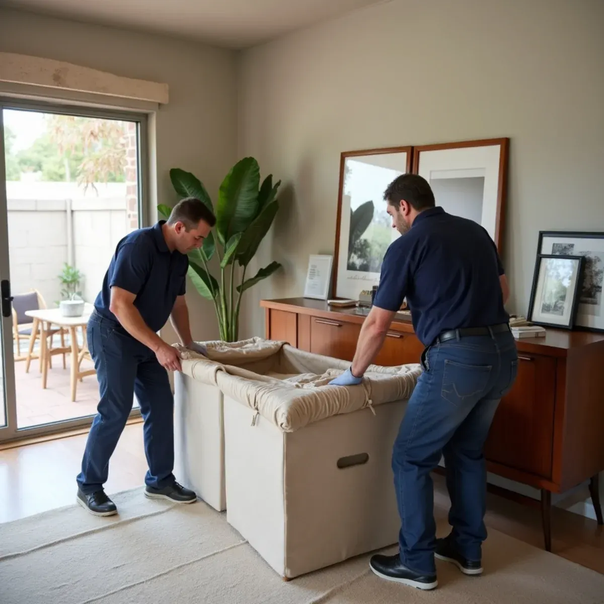 Restoration technicians packing out furniture and family photographs from a Cypress home living room