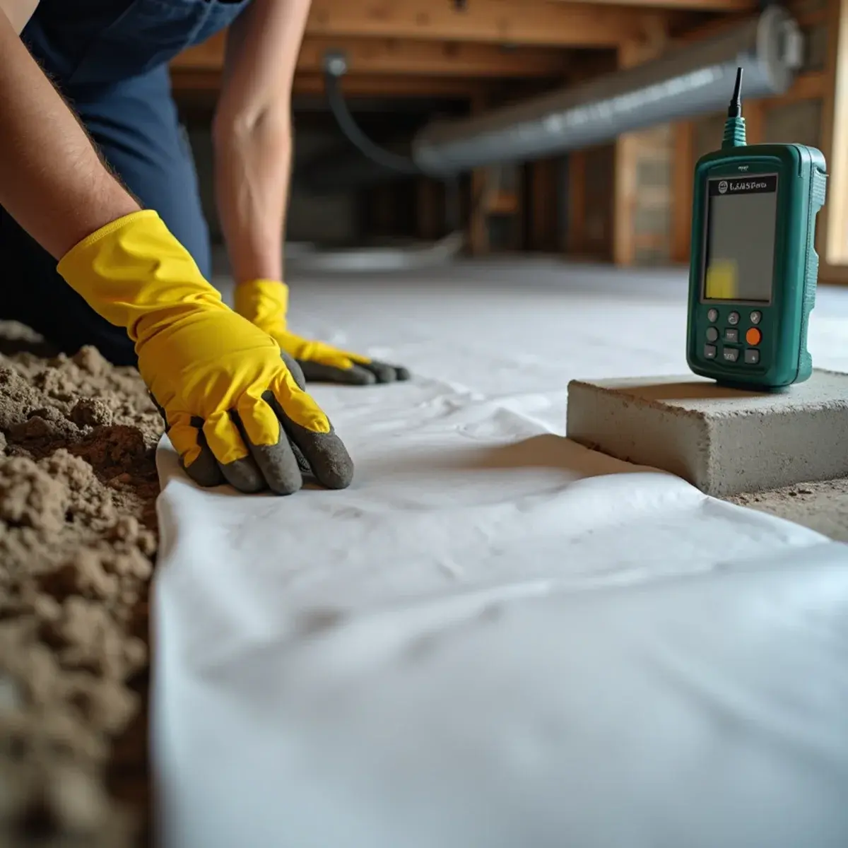 New vapor barrier laid over crawl space soil after water damage drying in Cypress
