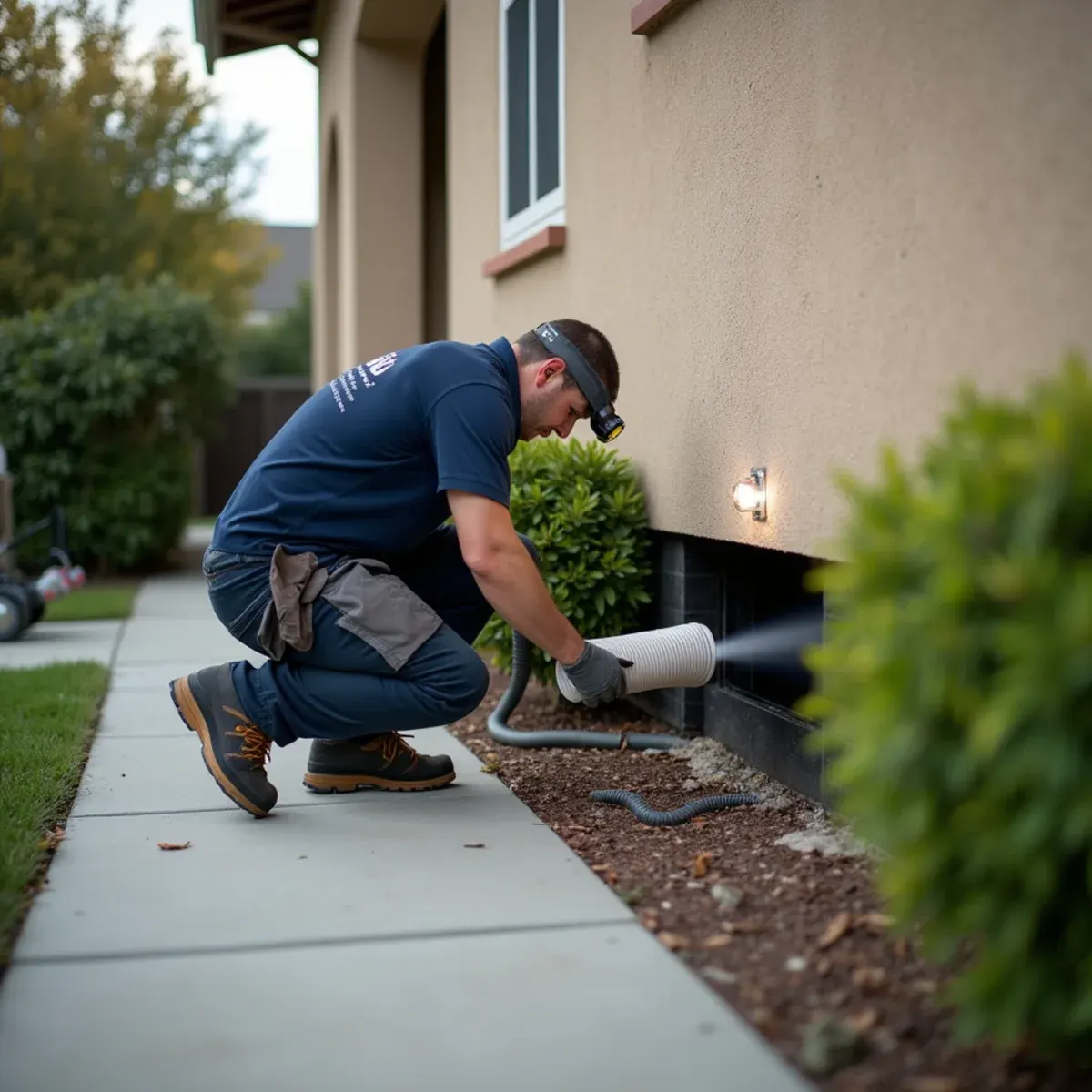 Technician entering a crawl space to begin water damage drying at a Cypress home