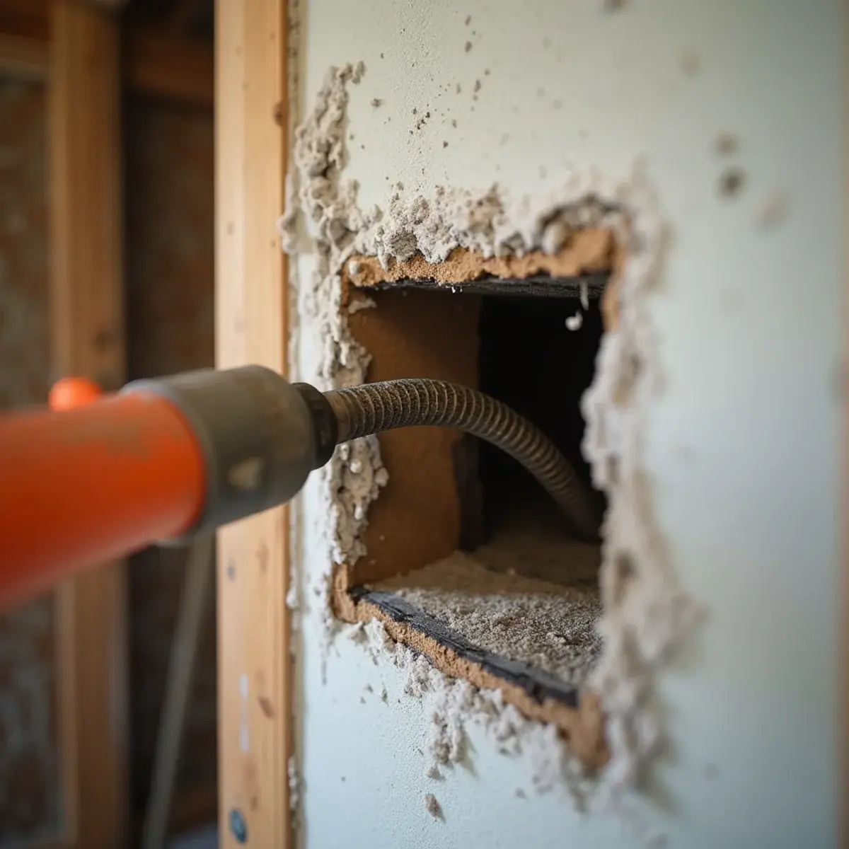 Cavity drying hose feeding a stud bay behind cut drywall during wall drying in Cypress