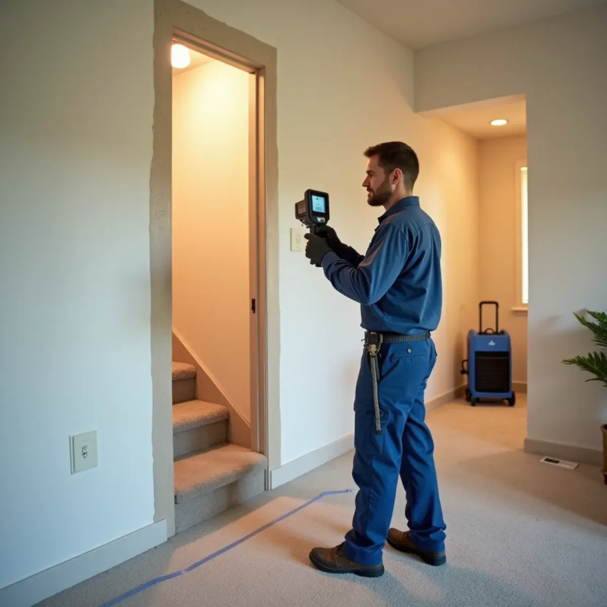 Thermal camera survey of a wet living room wall before drywall water damage repair in Cypress