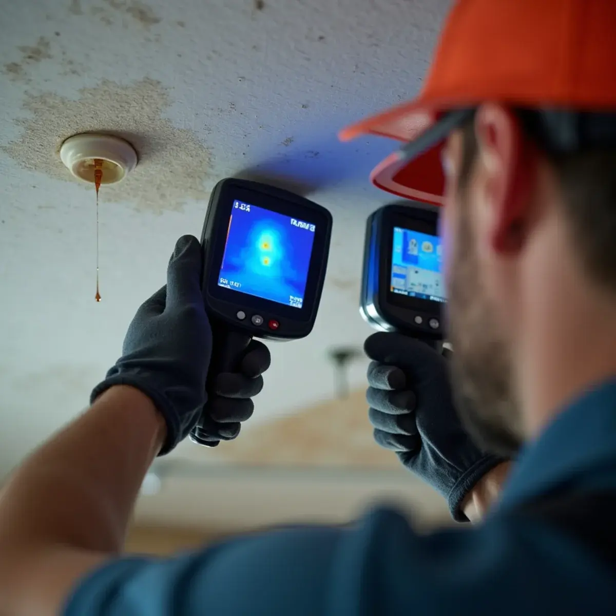 Thermal imaging camera revealing hidden moisture in a Cypress ceiling during emergency response