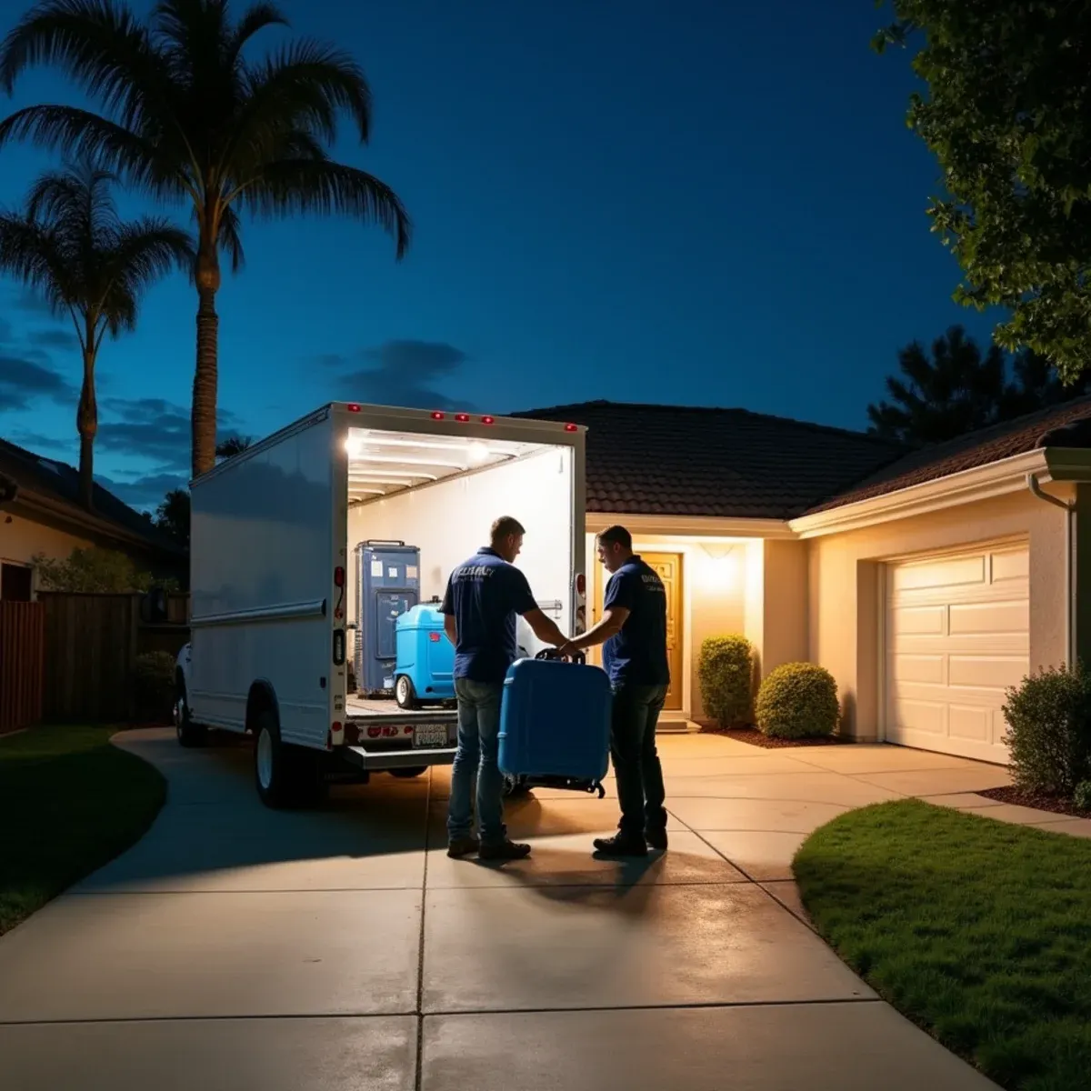 Emergency water damage restoration crew arriving at a Cypress home late at night