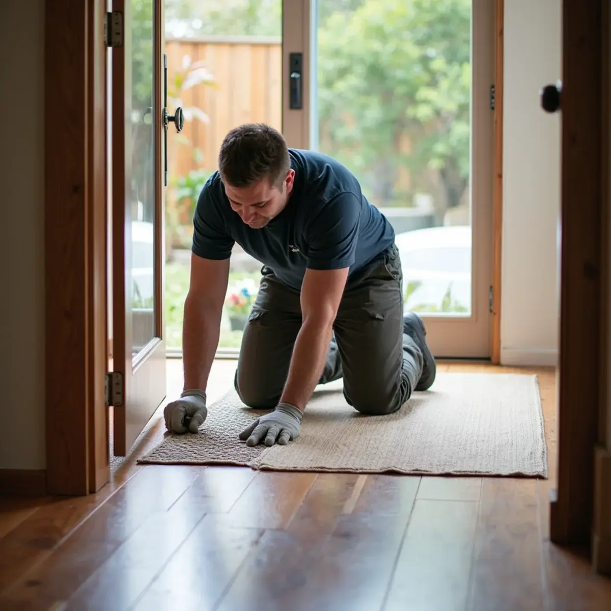 Technician sealing drying mats to wet hardwood flooring during water damage drying in Cypress