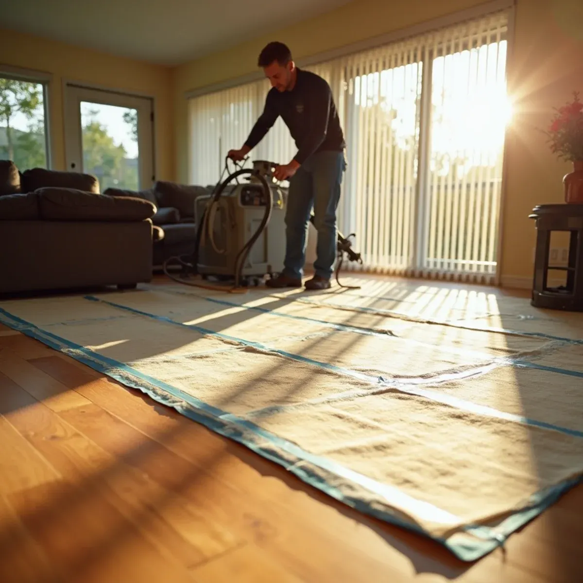 Floor mat drying system saving hardwood after water damage in a Cypress ranch home