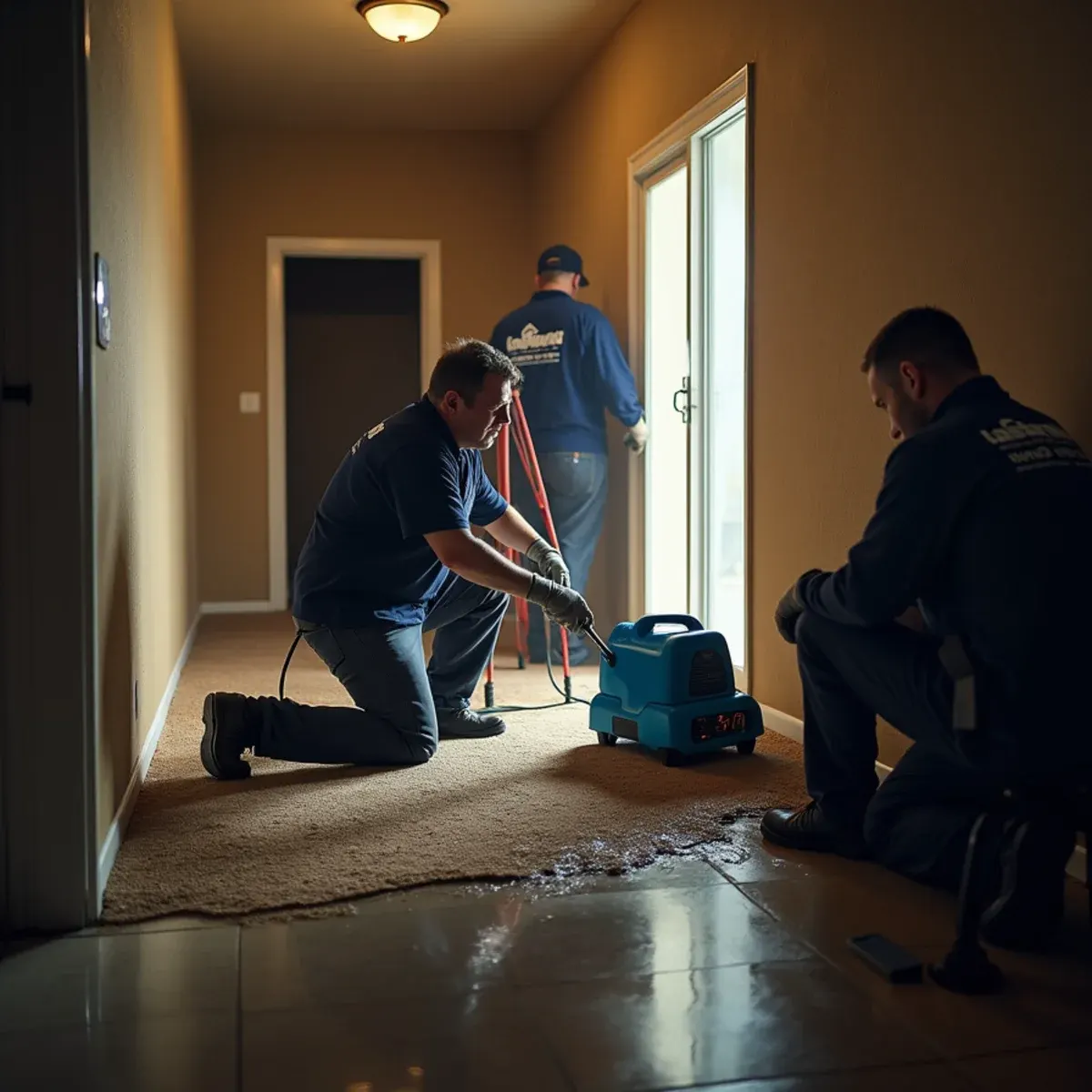 Restoration technicians extracting water from a Cypress home living room during a night emergency call