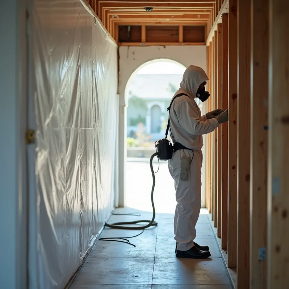 Restoration technician in protective equipment working inside a sealed containment area during mold removal