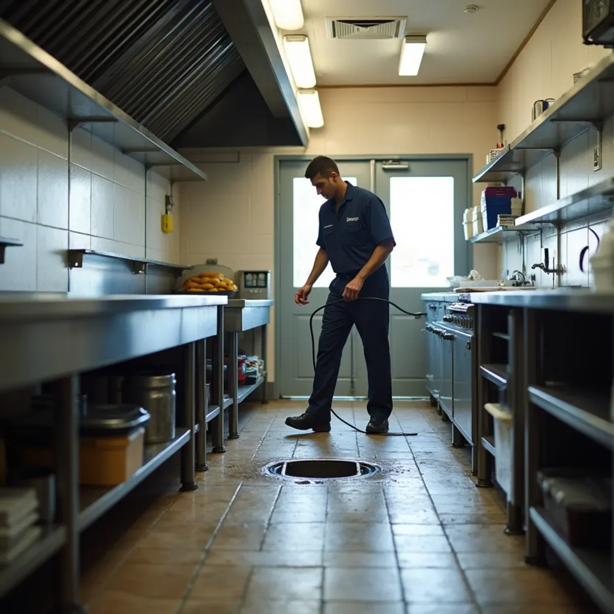 Technician extracting water from a small restaurant kitchen floor after a waste line backup in Artesia