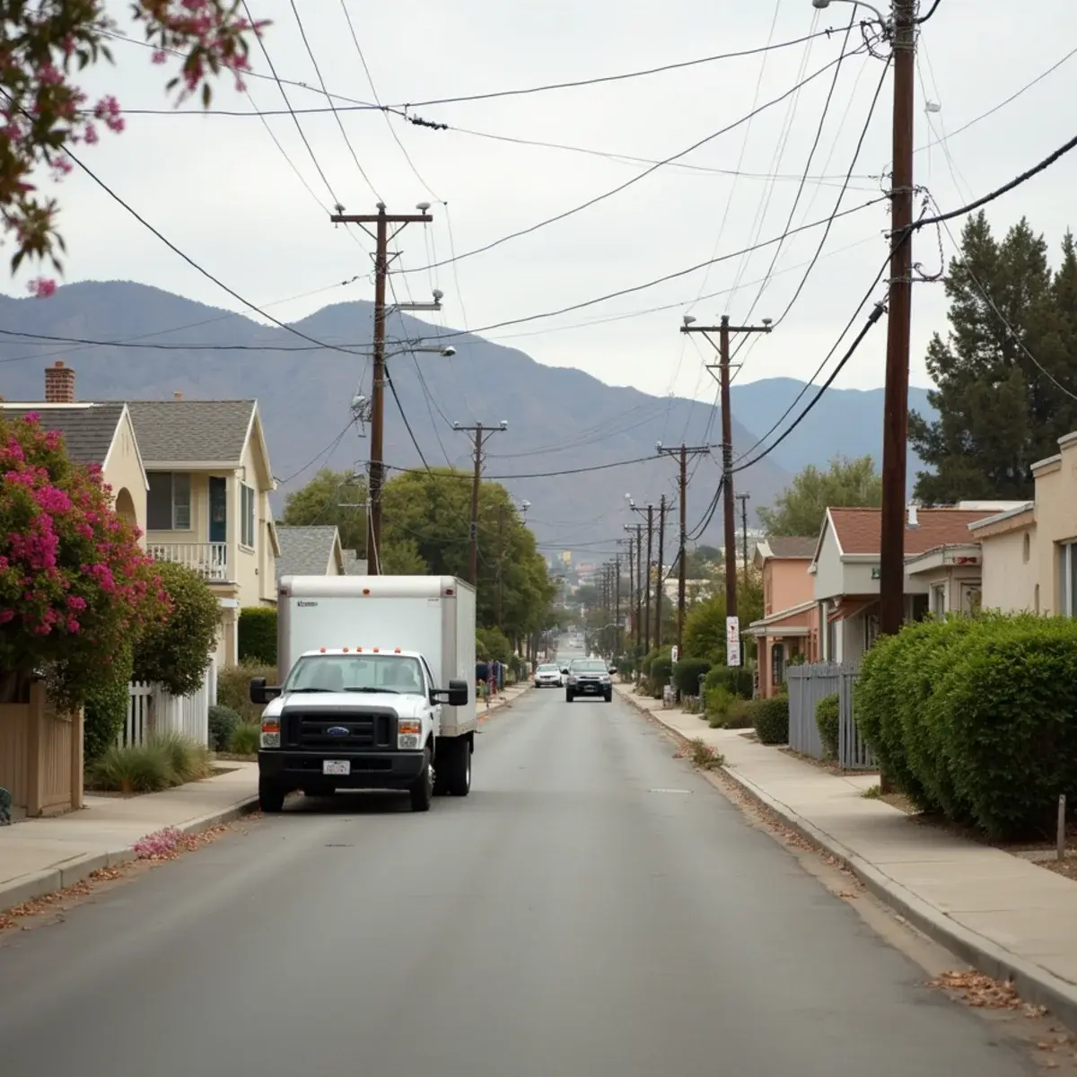 Unbranded restoration truck on an older Brea street of small oil-era houses below chaparral hills