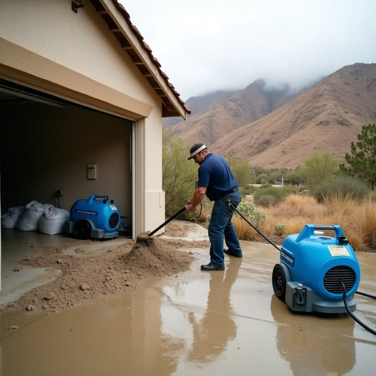 Technician clearing storm runoff from a Brea hillside garage below Carbon Canyon