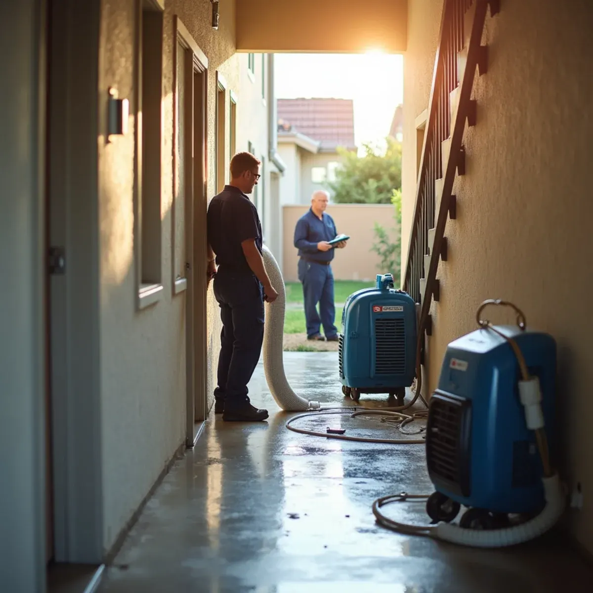 Technician setting drying equipment in an apartment corridor after a multi-unit water loss in Buena Park