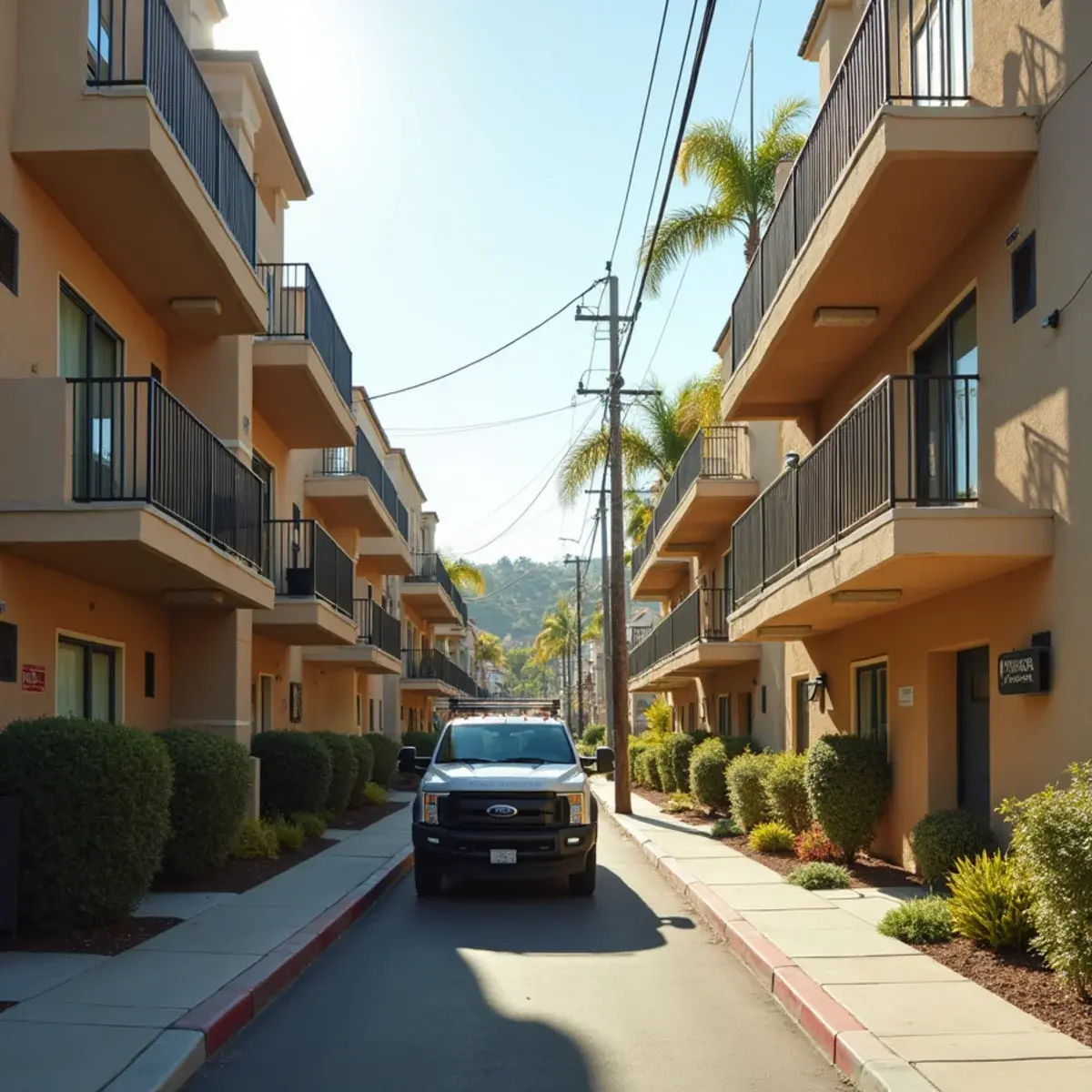 Densely built Hawaiian Gardens apartment street with an unbranded water damage work truck at the kerb