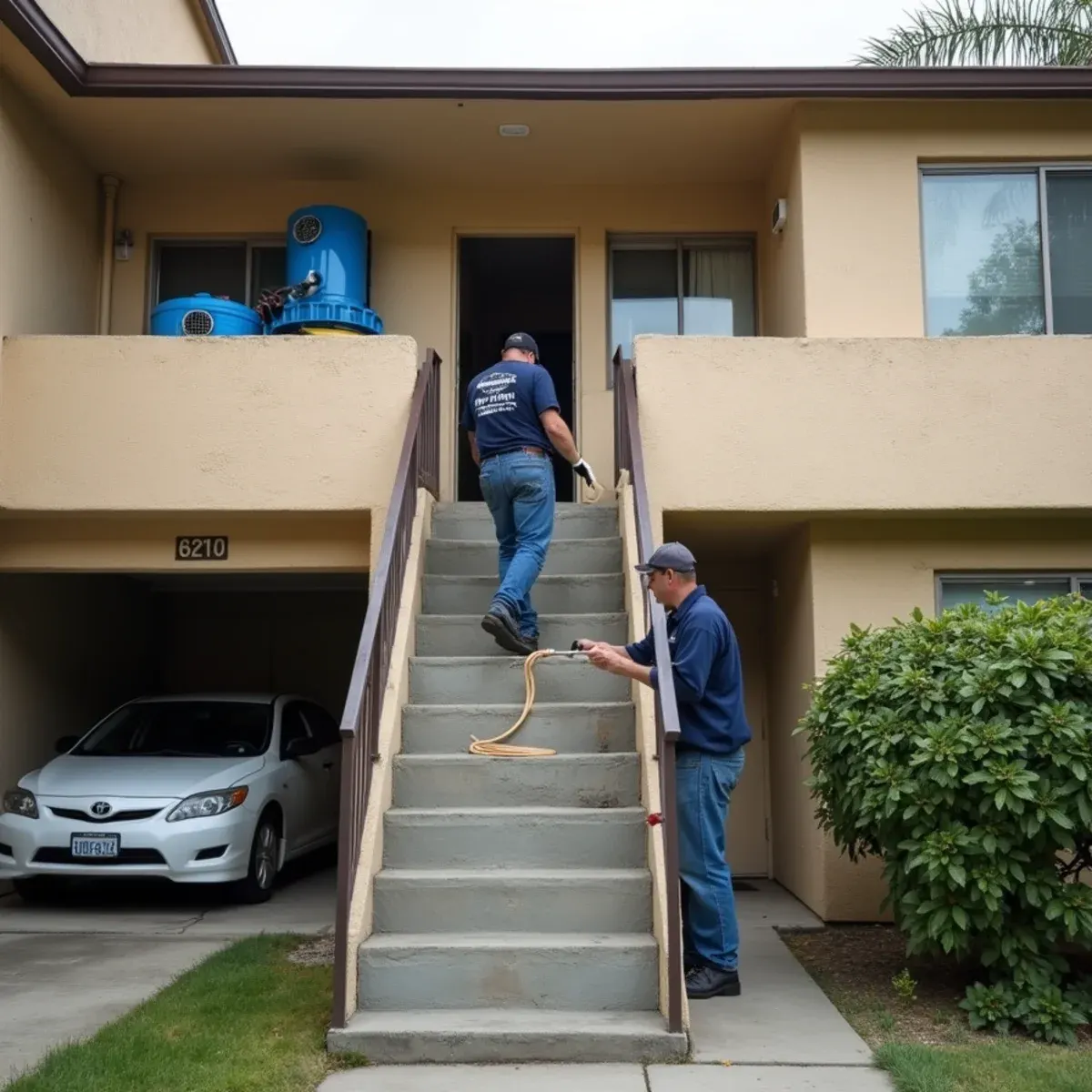 Technician running drying hose between apartment units after a plumbing stack failure in Hawaiian Gardens