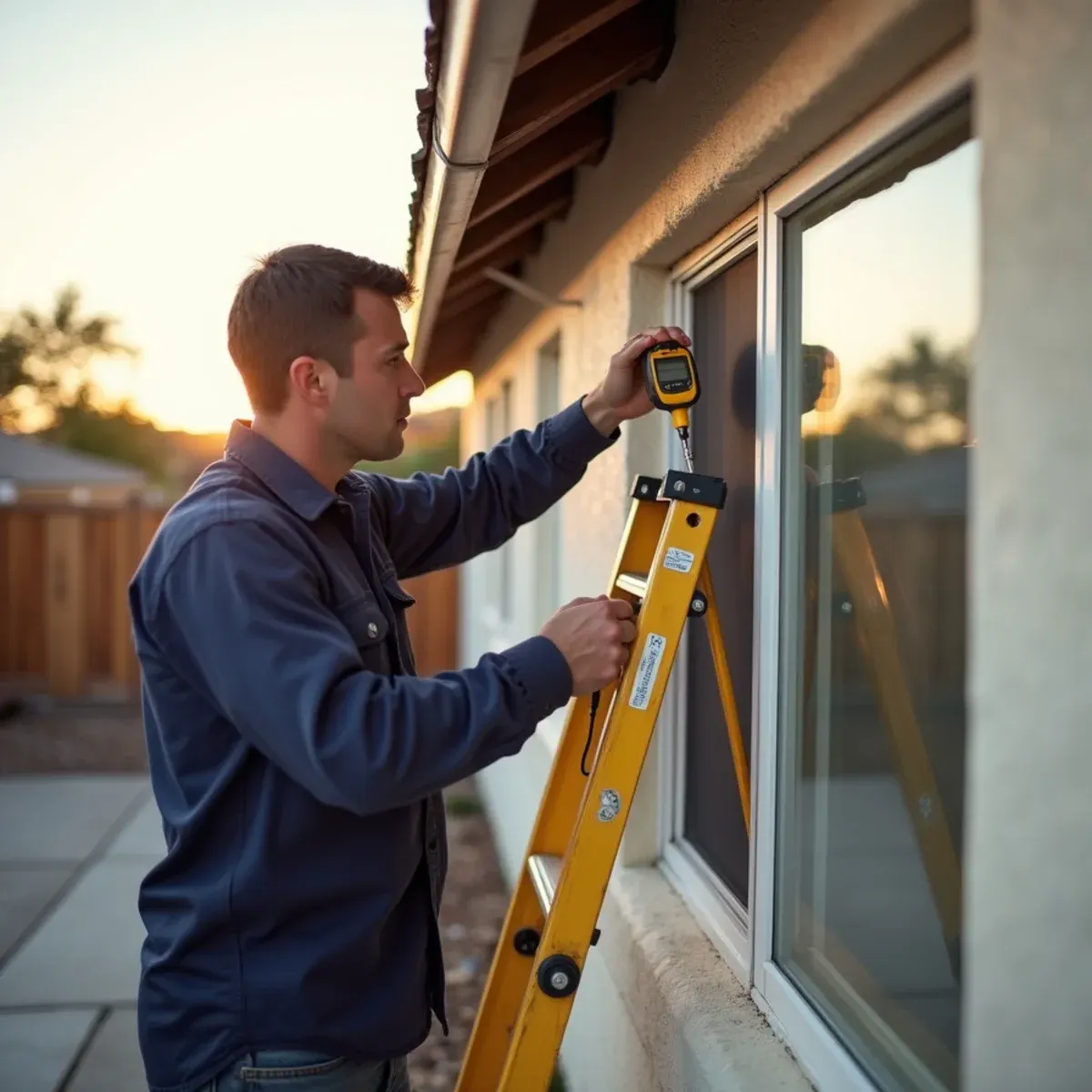 Technician checking salt-corroded window flashing after wind-driven rain in Huntington Beach
