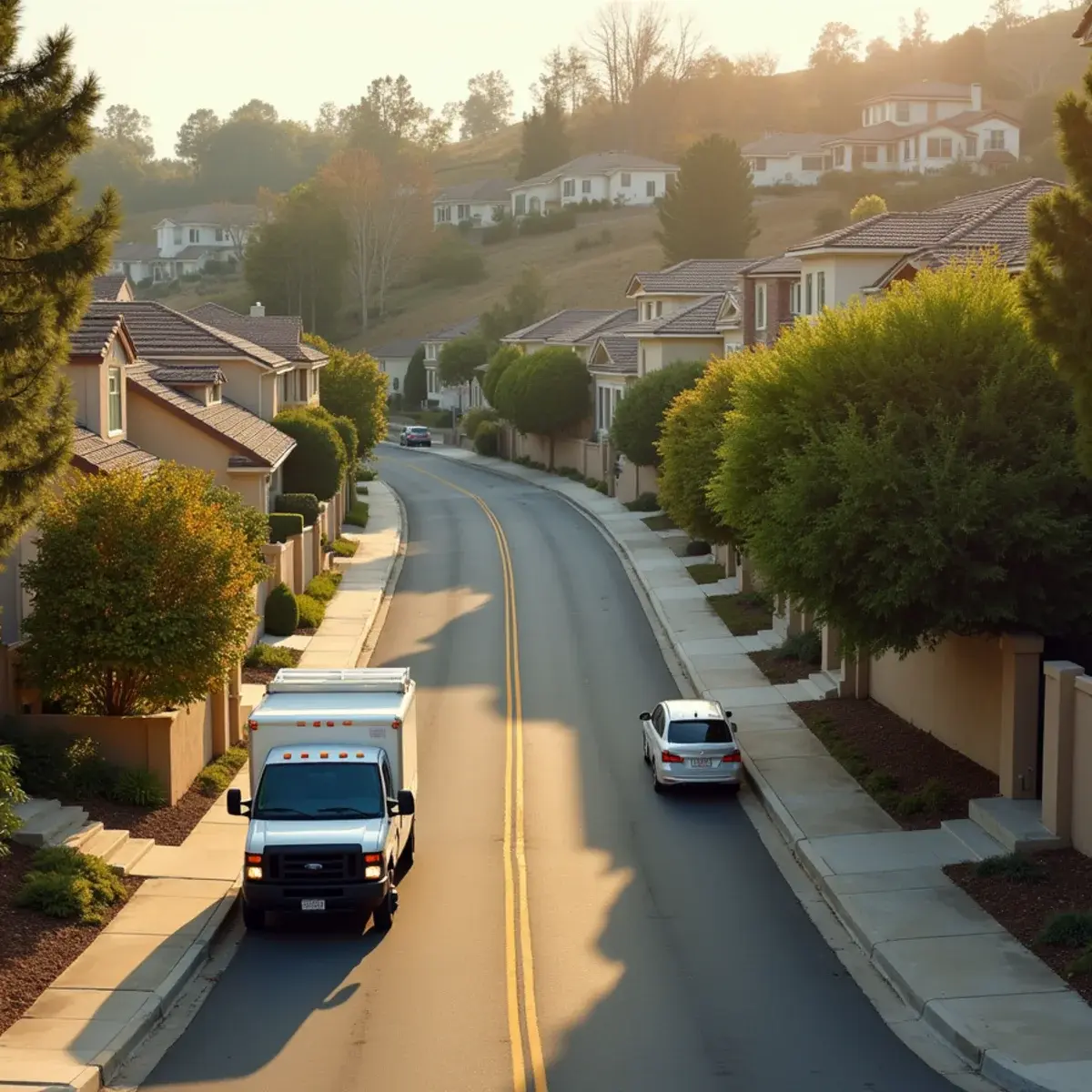 Rolling La Mirada residential street of 1960s tract homes with an unbranded restoration truck at the kerb