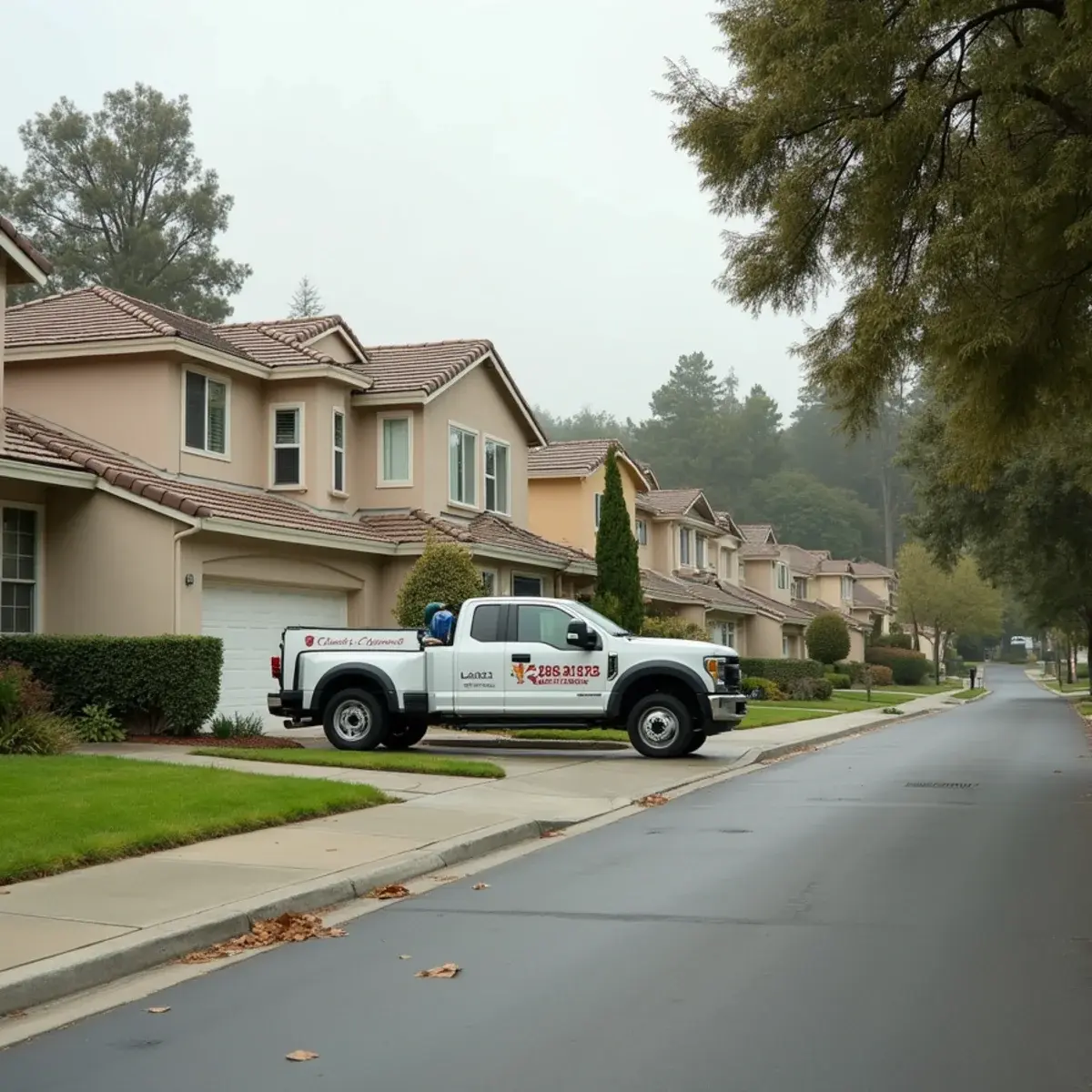 Unbranded work truck on a tidy two-story tract street in La Palma, Orange County