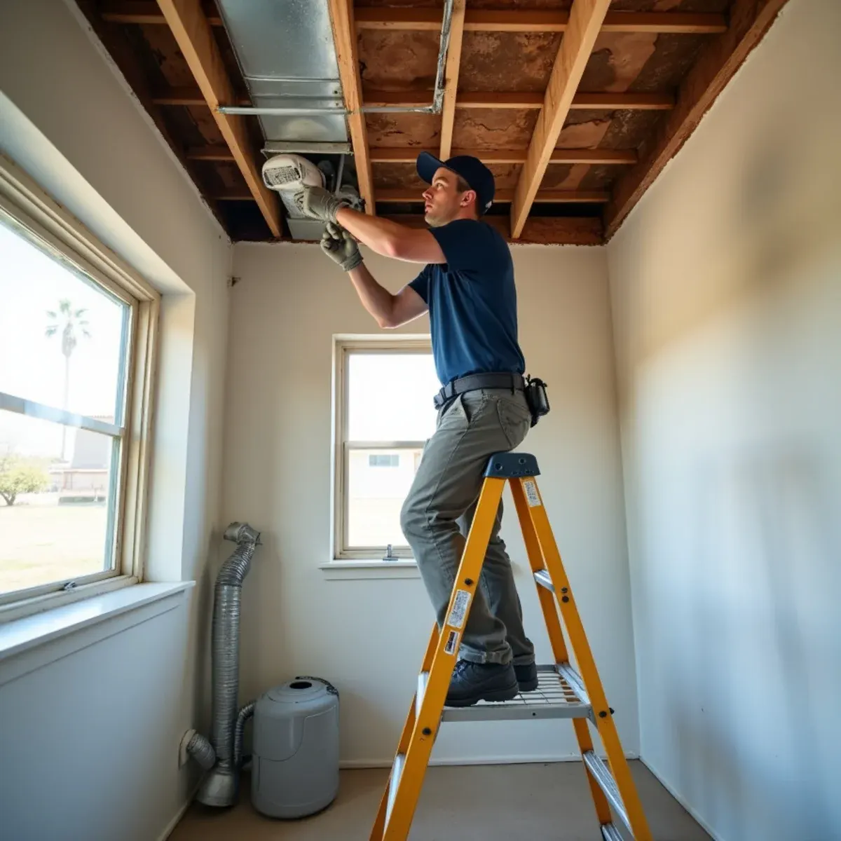Technician drying a collapsed ceiling cavity below a second-floor bathroom leak in La Palma